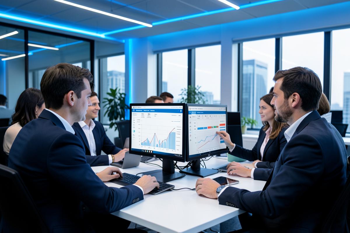Marketing team reviewing digital analytics dashboards